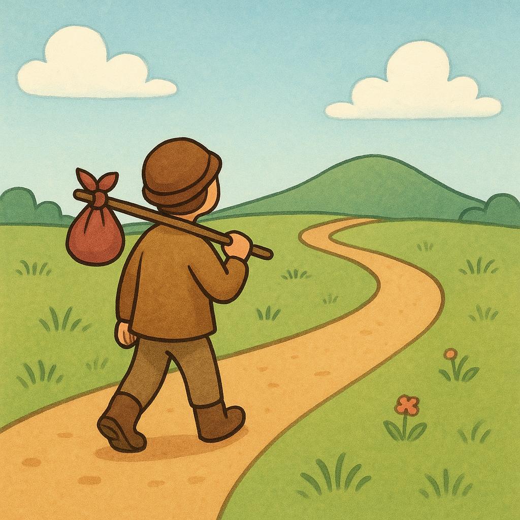 A solitary figure walking away on a dusty road carrying a small sack on a stick over their shoulder, heading toward a distant horizon.