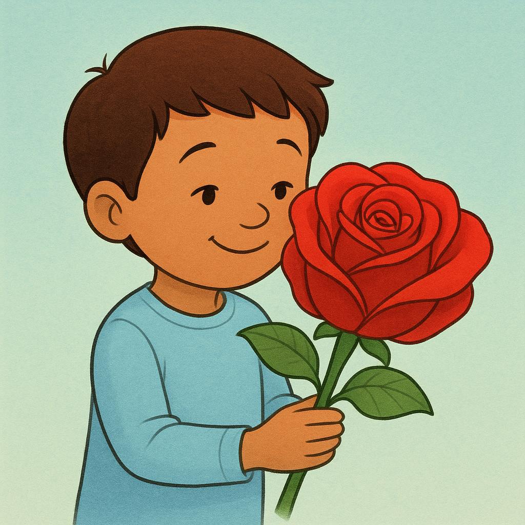 A smiling child gently holds a massive, vibrant red rose and gazes at it lovingly, showing intense affection and desire.