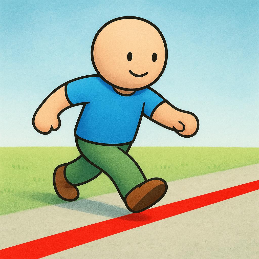 A simple storybook illustration of a cartoon figure stepping across a thick, bright red boundary line painted on the ground, symbolizing a rule or law being broken.