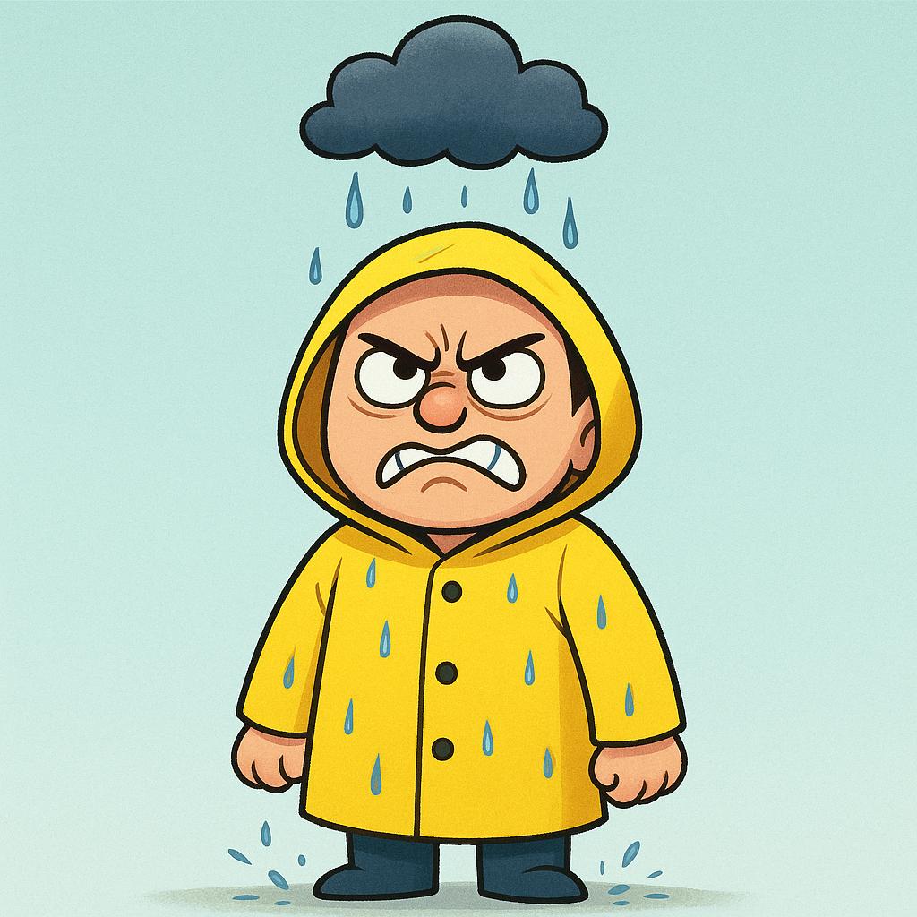 A simple cartoon figure wearing a yellow raincoat stands outside, looking up with a deeply angry and disgusted expression at a small, dark rain cloud that is dripping cold rain onto their head.