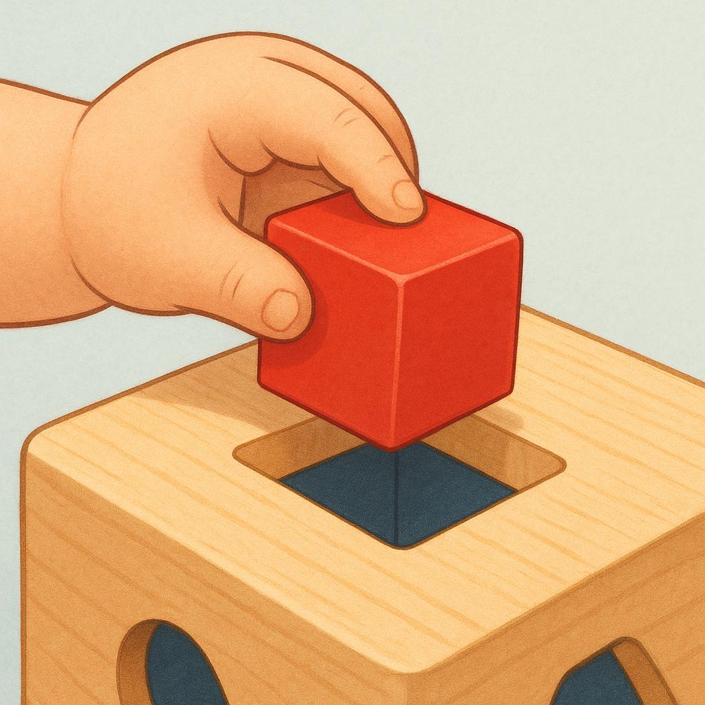A hand gently pushing a small, colorful wooden block into a matching square hole on a wooden shape-sorter toy.