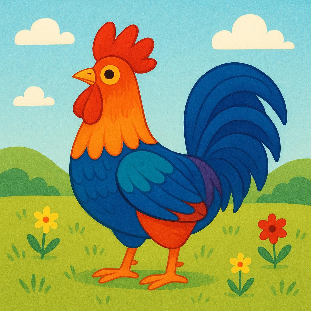 A majestic rooster with bright red comb and wattles, standing proudly on green grass under a blue sky.