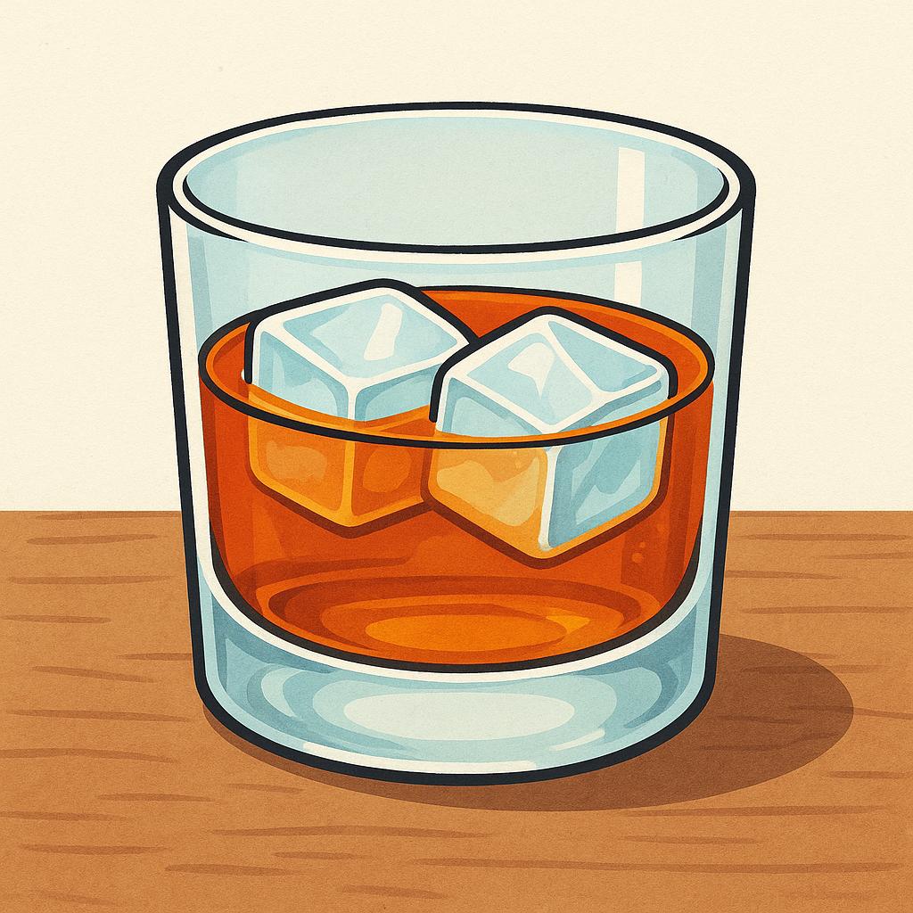 A high quality simple colorful storybook illustration showing a single short tumbler glass filled with amber liquid (whisky) and two large, square ice cubes.