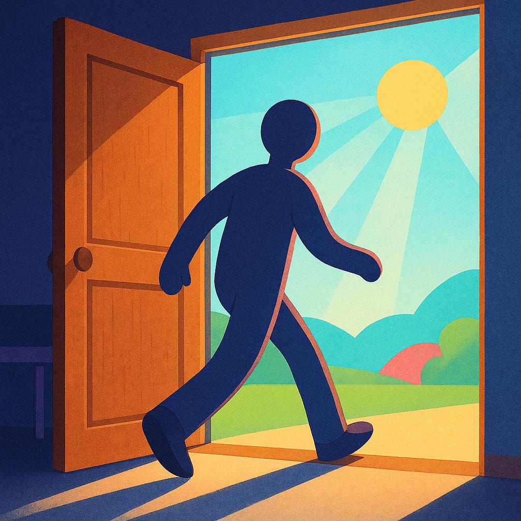 A simple illustration showing a person stepping out of a dark room through an open doorway and into bright daylight.
