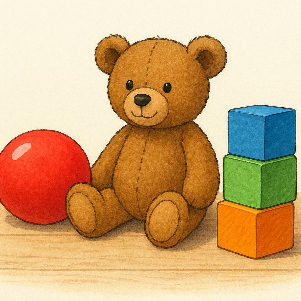A colorful illustration showing a small collection of common toys: a red rubber ball, a brown teddy bear, and a stack of three brightly colored wooden blocks resting on a light wooden floor.