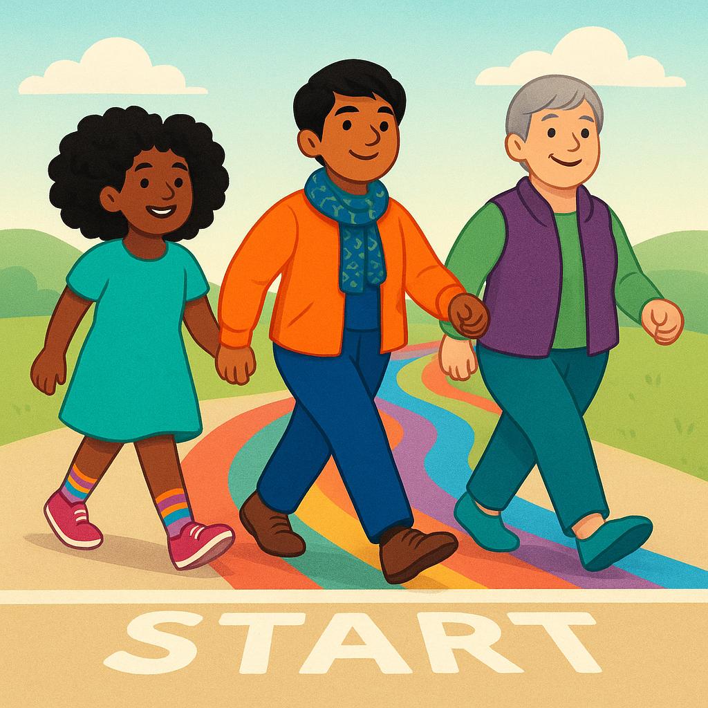 Three cheerful characters, side-by-side, stepping over a white starting line onto a bright green path, symbolizing the beginning of a journey.