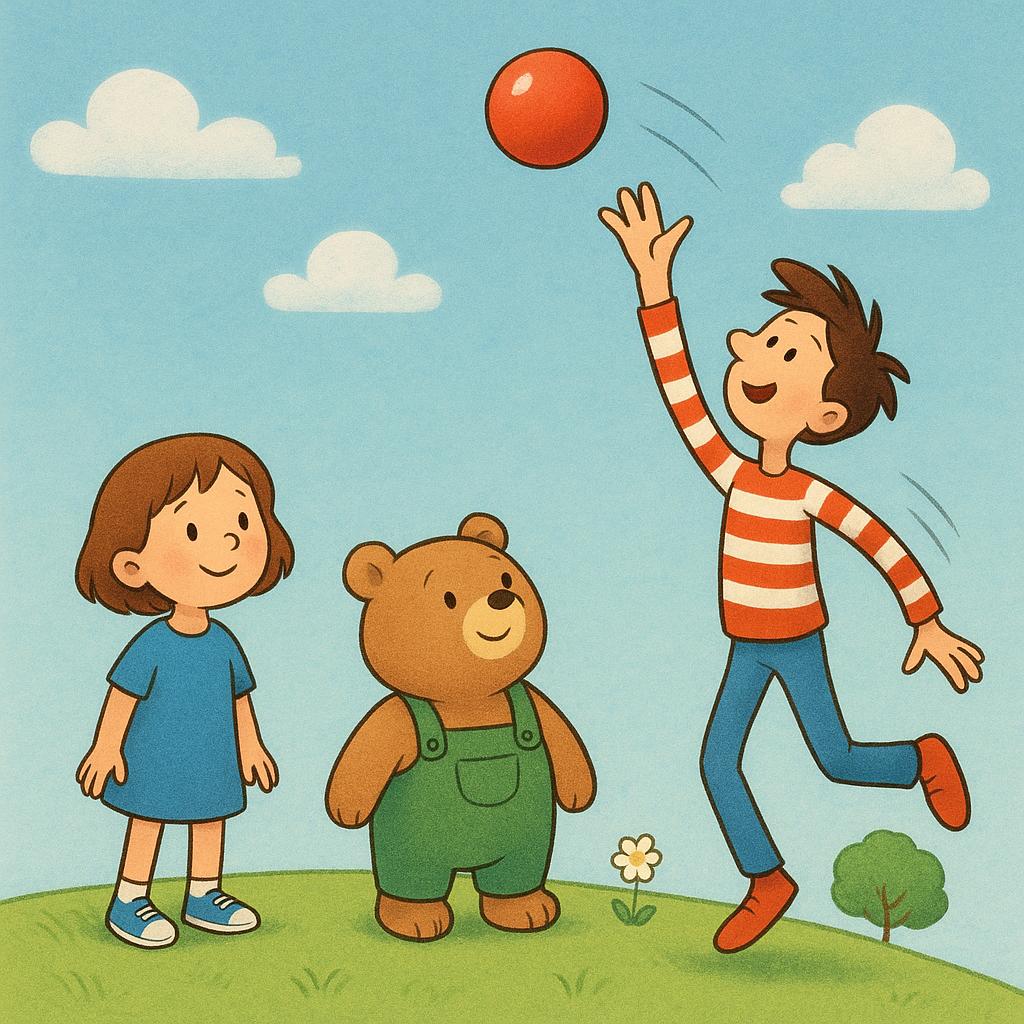 Three simplified characters outside. One character is throwing a bright red ball high into the air.