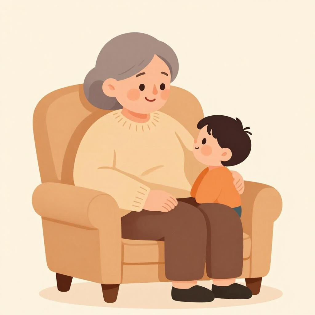 A kind-faced elderly person smiling warmly while holding a child's hand.