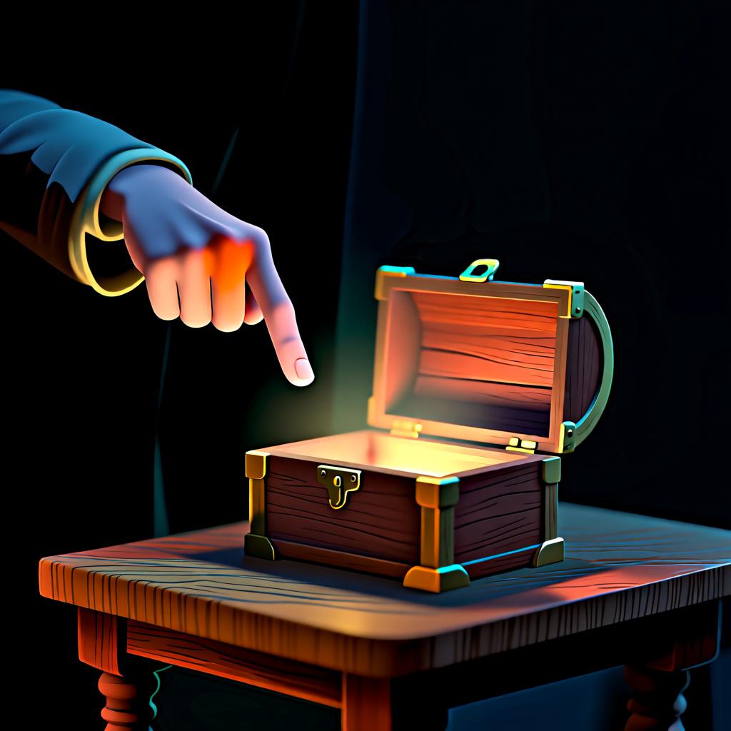 A person pointing to a mysterious, glowing box on a table, questioning what it is.