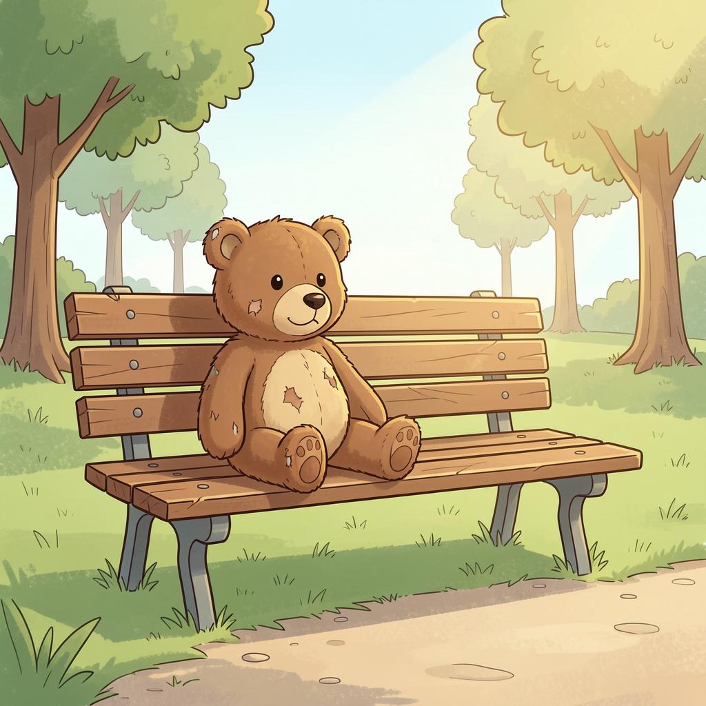 A single, lonely teddy bear sitting on a wooden bench in an empty park.
