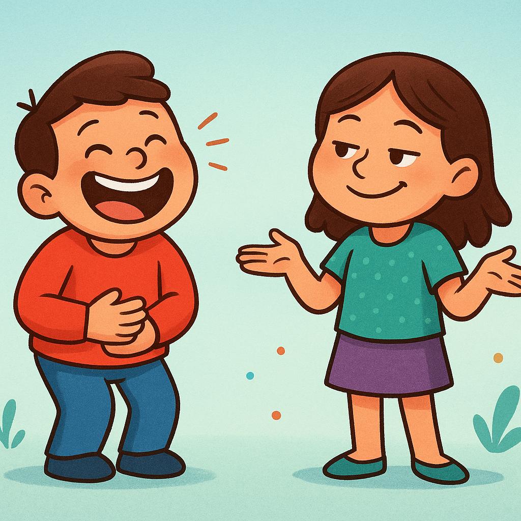 A cartoon illustration showing one person laughing heartily while another person smiles mischievously, indicating they just told a joke.