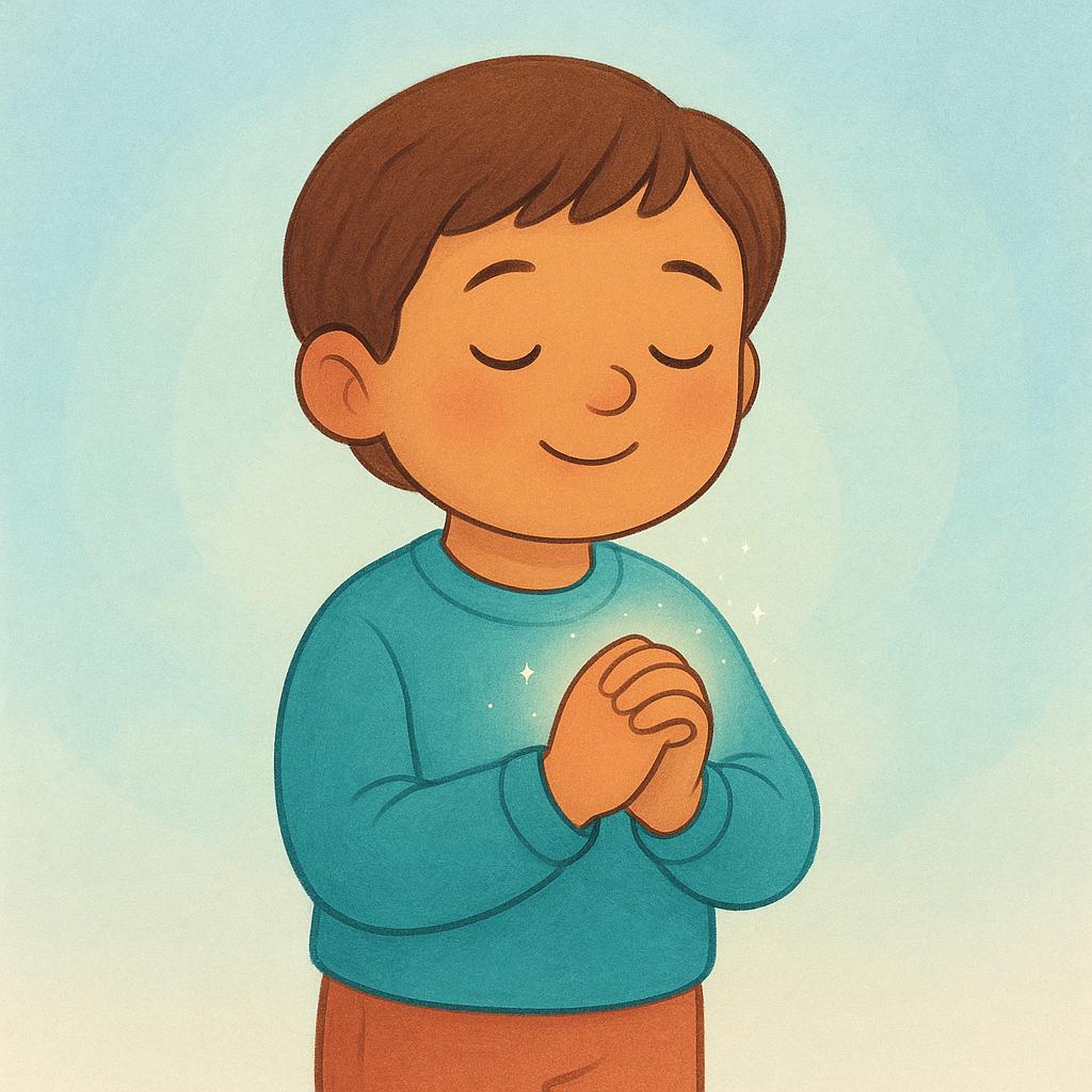 A storybook illustration showing a child with their eyes closed and hands clasped together in front of their chest, concentrating on making a wish.
