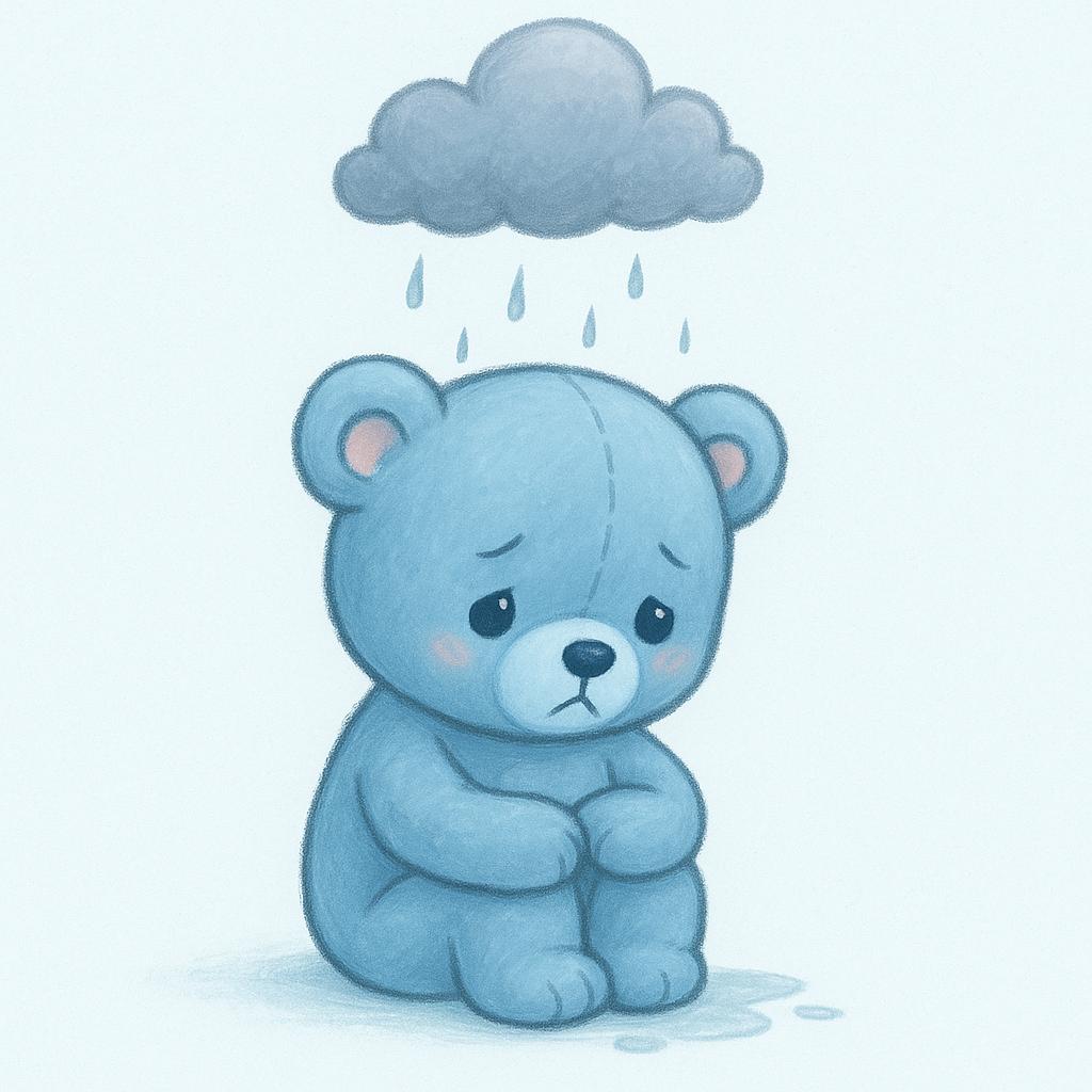 A small, sad blue teddy bear sits alone, looking slumped, with a tiny, dark gray rain cloud floating directly above its head.