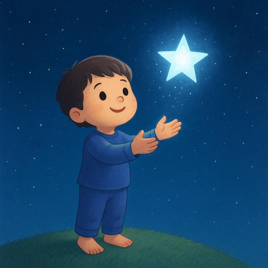 A high-quality storybook illustration showing a child looking up happily at a bright, glowing star descending from the dark blue night sky, symbolizing a wish coming true.