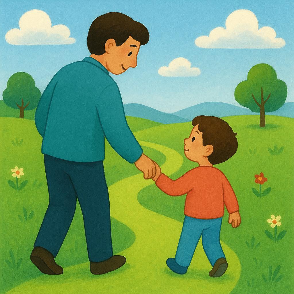 A tall, friendly adult holding the hand of a small child, leading them along a sunny path, symbolizing the act of transporting or accompanying someone.