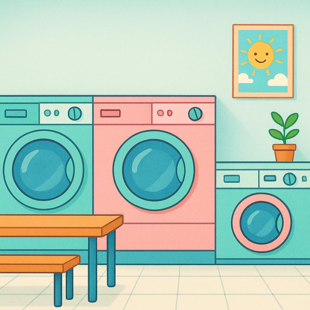 A row of brightly colored industrial washing machines and dryers inside a public laundromat.