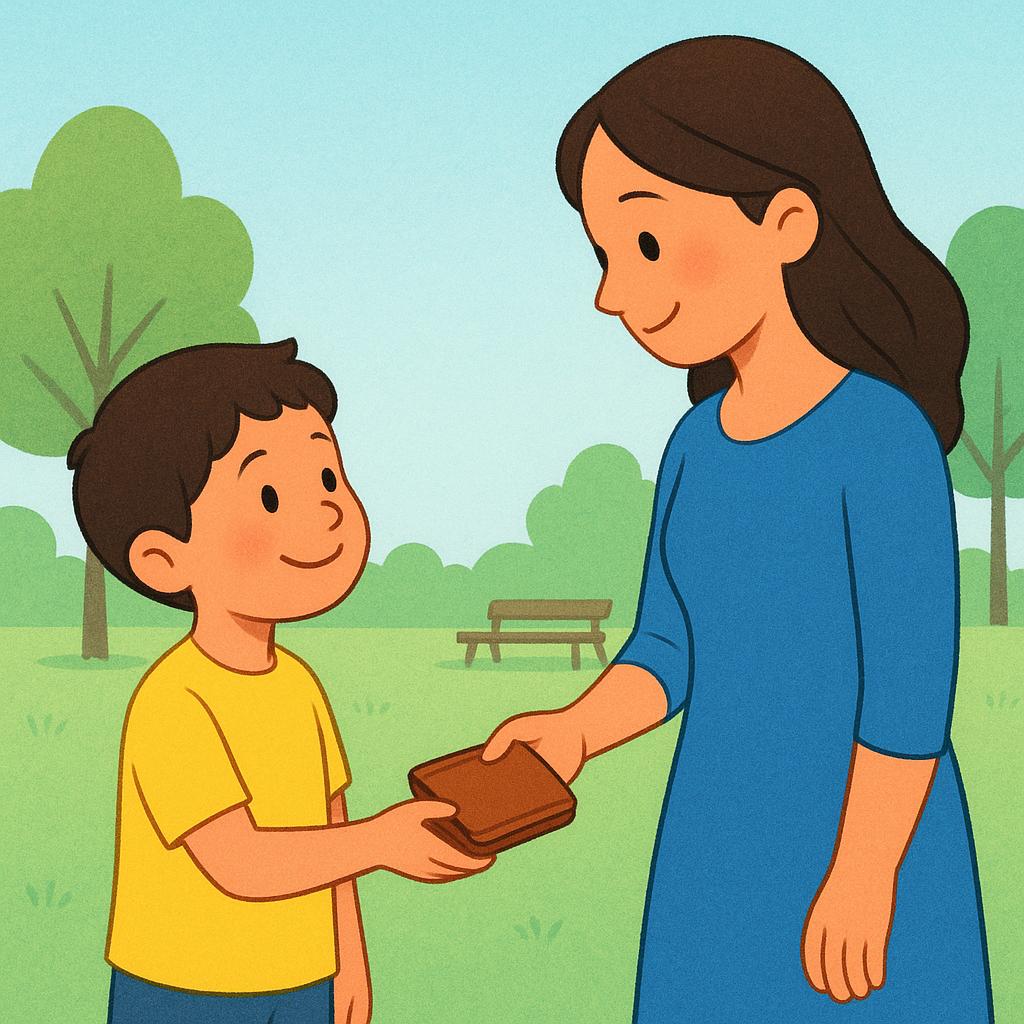 A smiling child in a bright yellow shirt hands a simple brown wallet back to a woman wearing a blue dress, illustrating the concept of honesty.