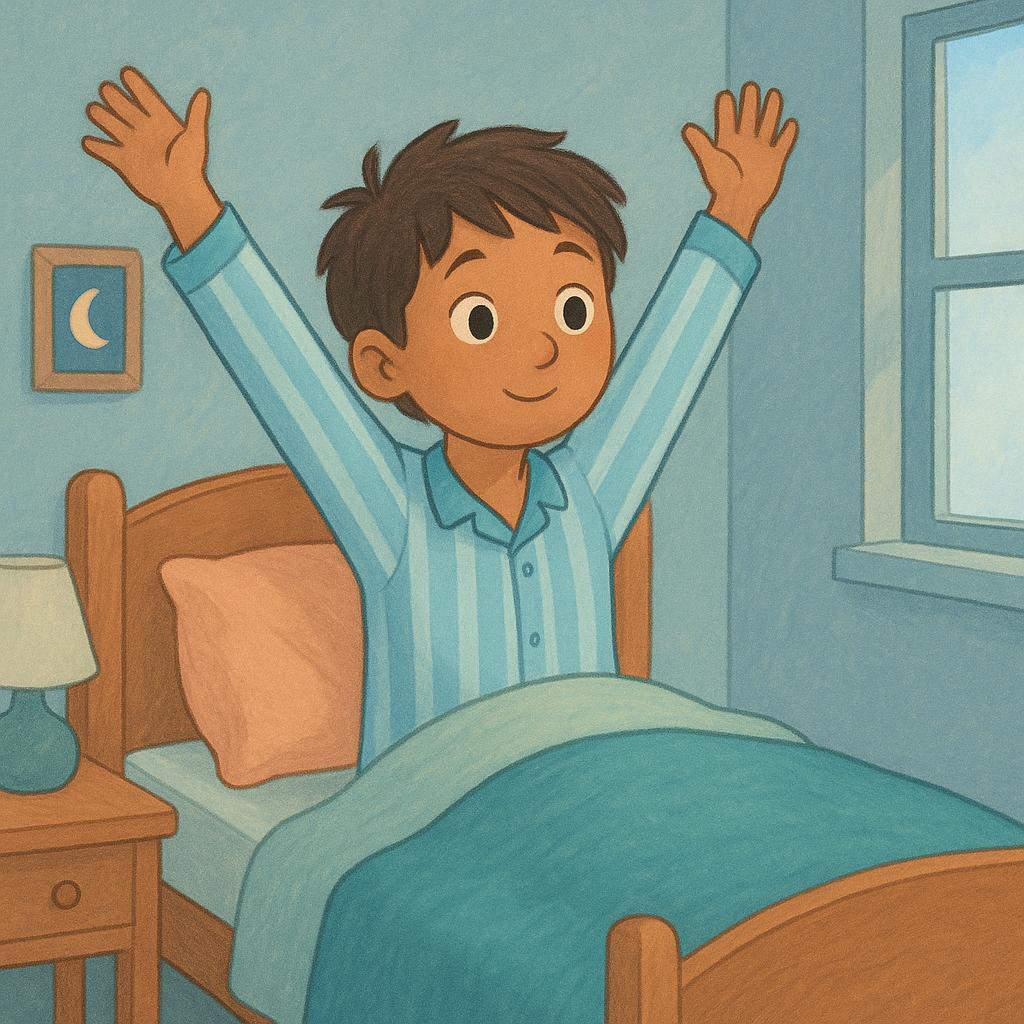 A simple illustration of a child sitting up in a cozy bed, stretching their arms wide, indicating they have just woken up.