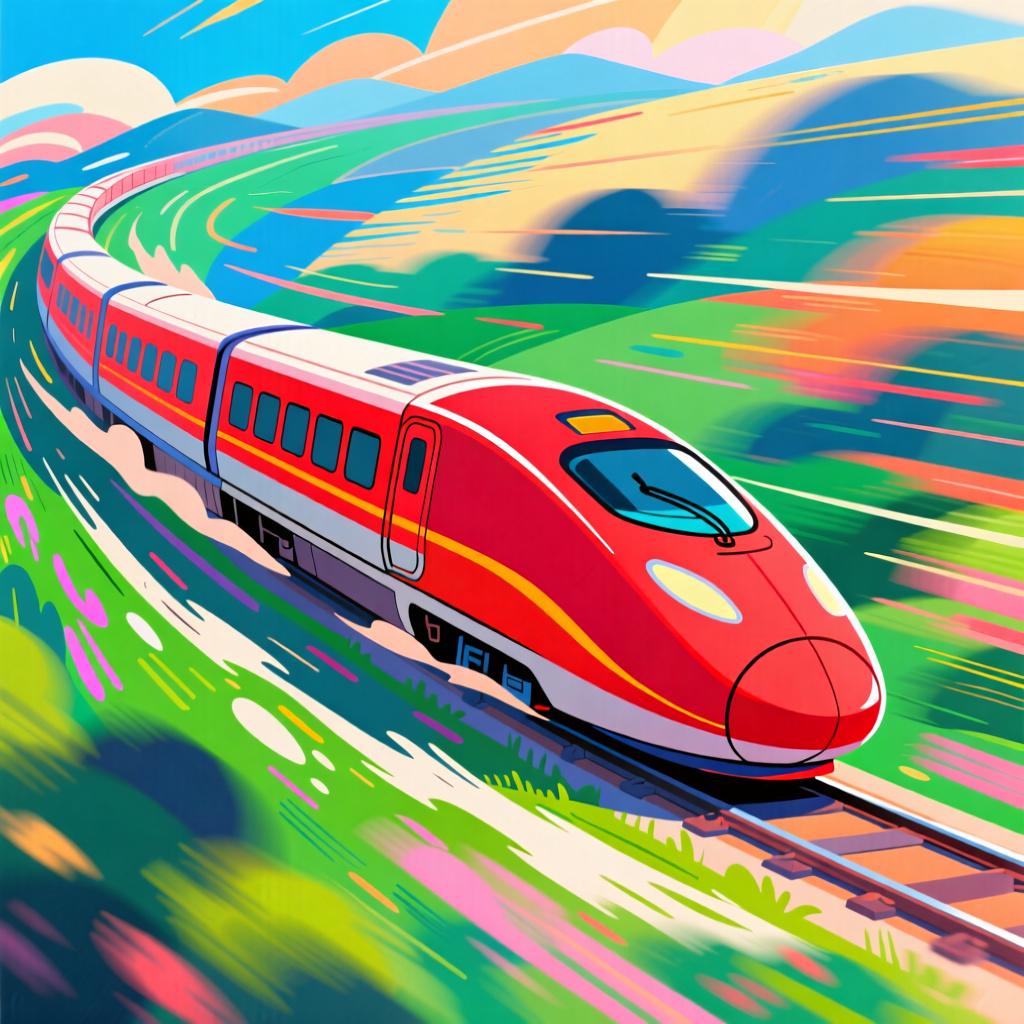 A bright red bullet train speeding across a green landscape.