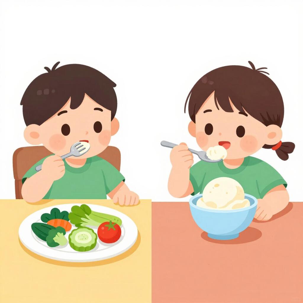子供がメインの食事を食べ、その後、嬉しそうにアイスクリームを食べている様子。
