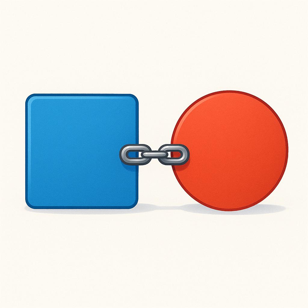 A colorful illustration showing a blue square and a red circle linked together by a simple silver chain.