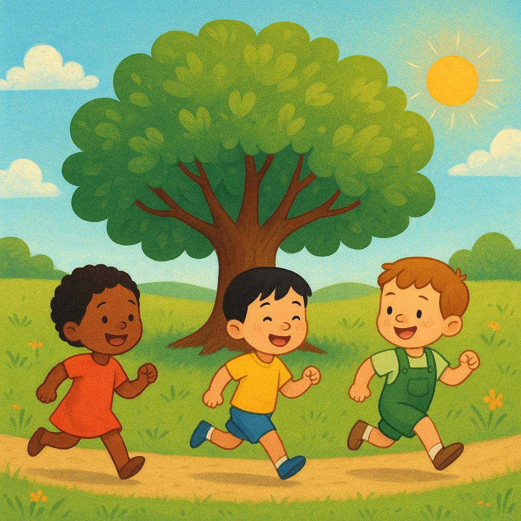 Three smiling children running happily in a continuous circle around the base of a large, sturdy oak tree.