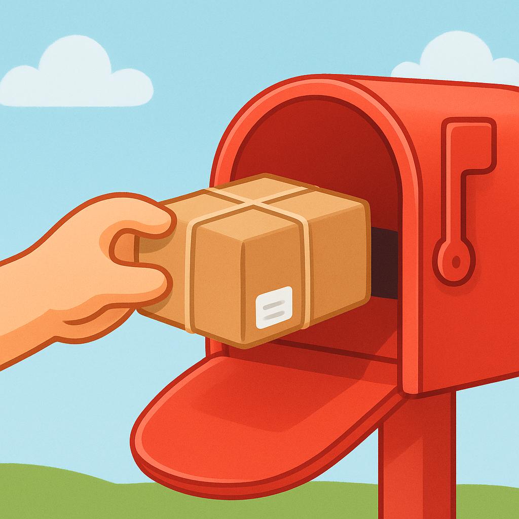A cartoon hand dropping a sealed brown package into a bright red mailbox.