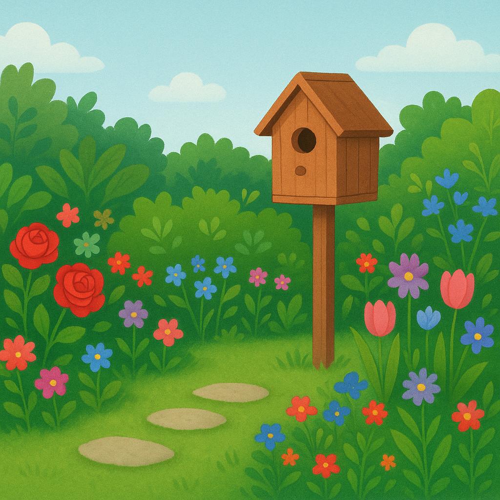 A tranquil garden scene featuring blooming colorful flowers, green shrubs, and a small winding stone path under a bright blue sky.