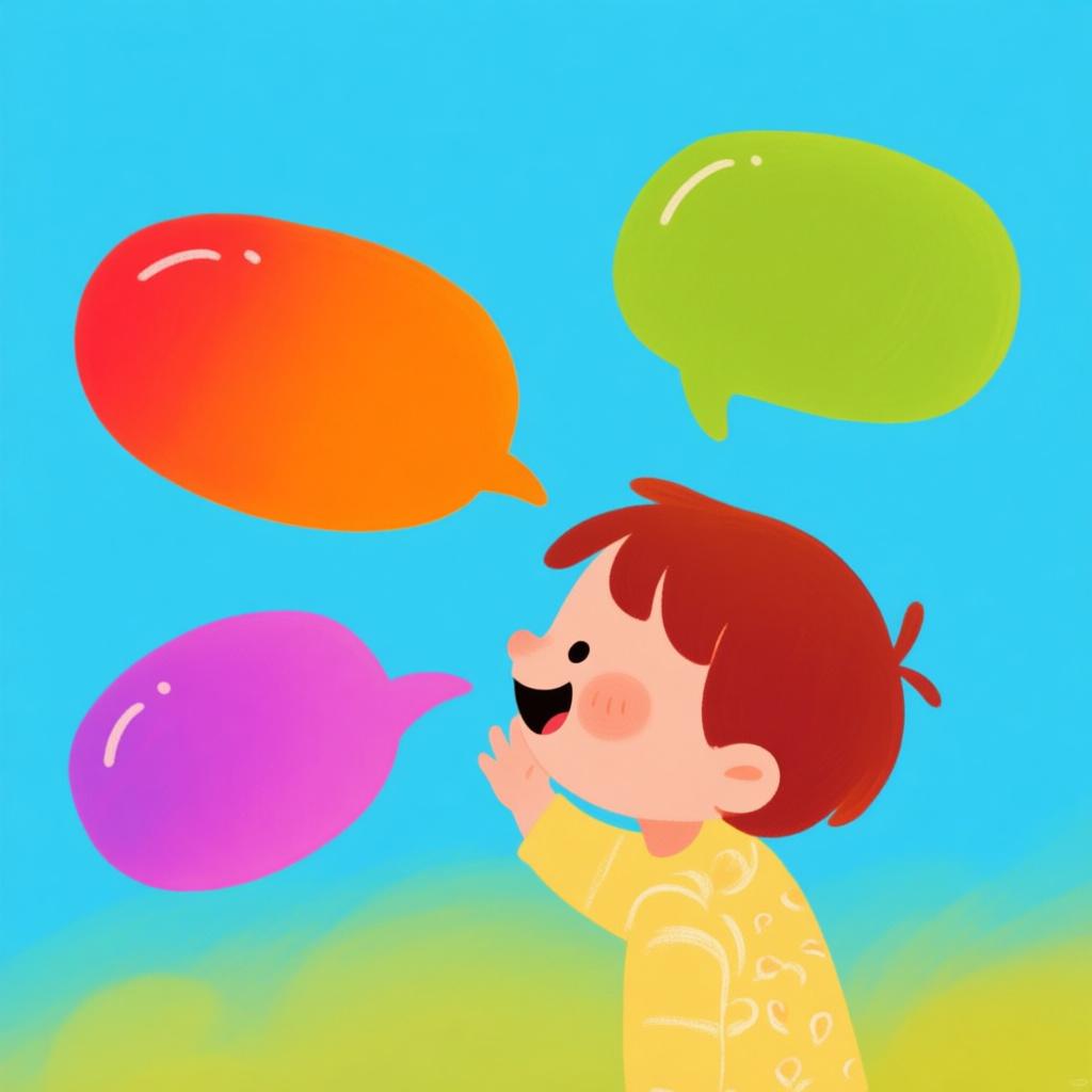 A friendly person speaking, with several brightly colored, distinct speech bubbles floating away from their mouth, representing individual words.