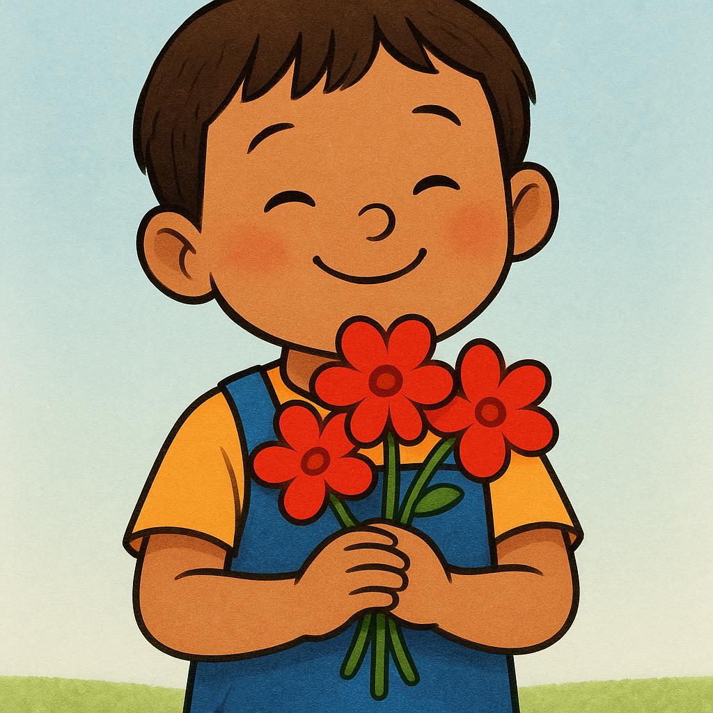 A happy child is hugging a bouquet of three vibrant red flowers tightly to their chest, clearly showing possession.