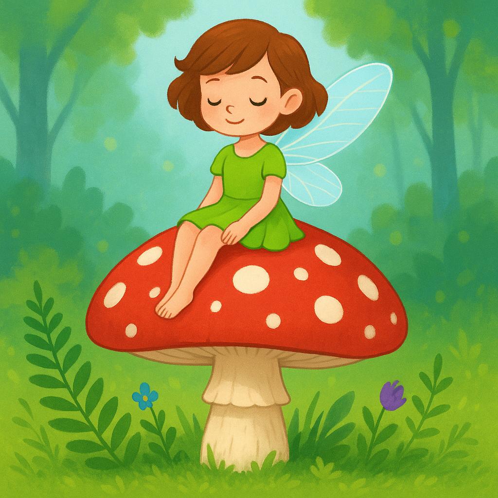 A small, winged fairy wearing a bright green dress, sitting peacefully on top of a large red and white spotted toadstool mushroom in a lush forest clearing.