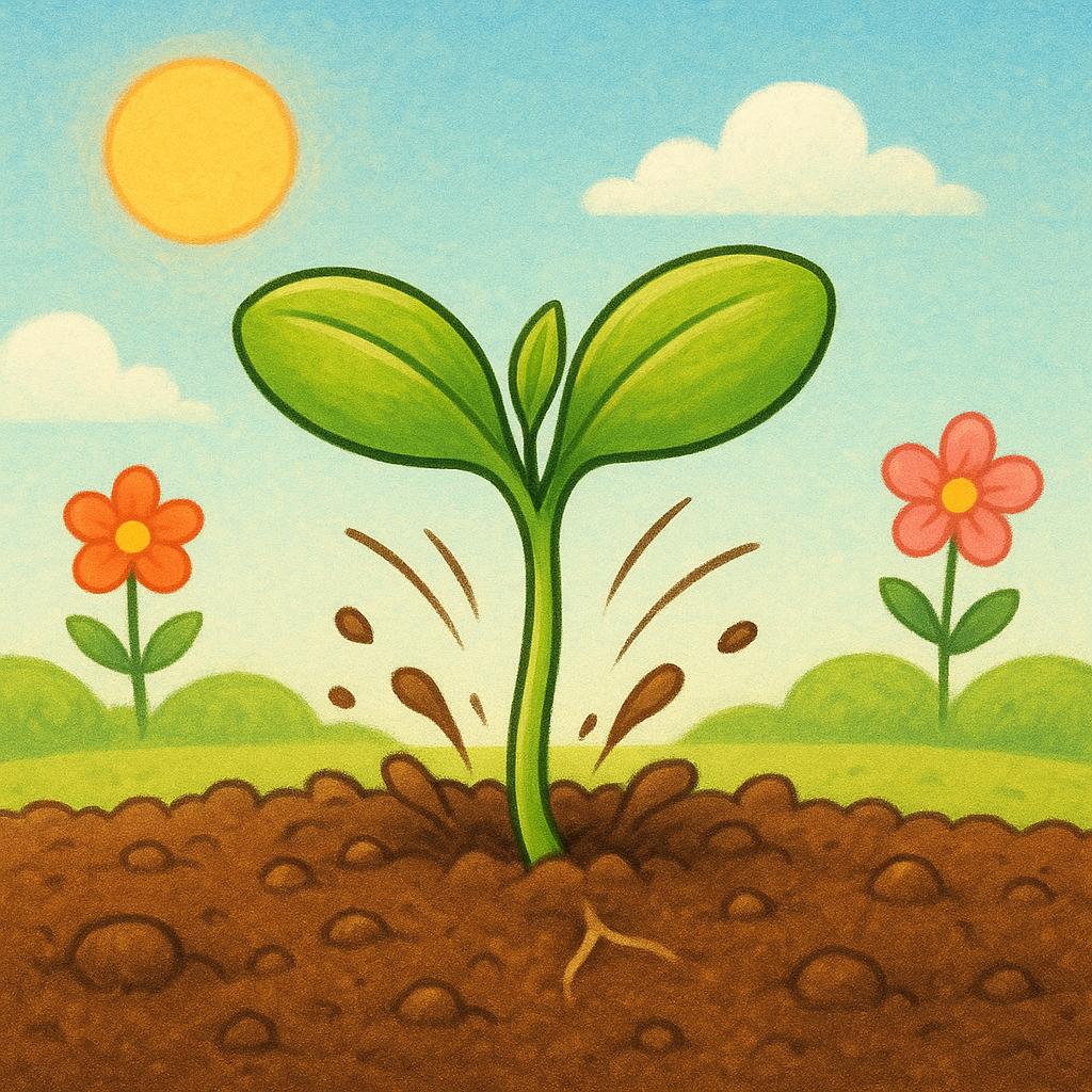 A small, green sprout rapidly bursting from the brown earth in a simple, sunny garden, symbolizing an event taking place.