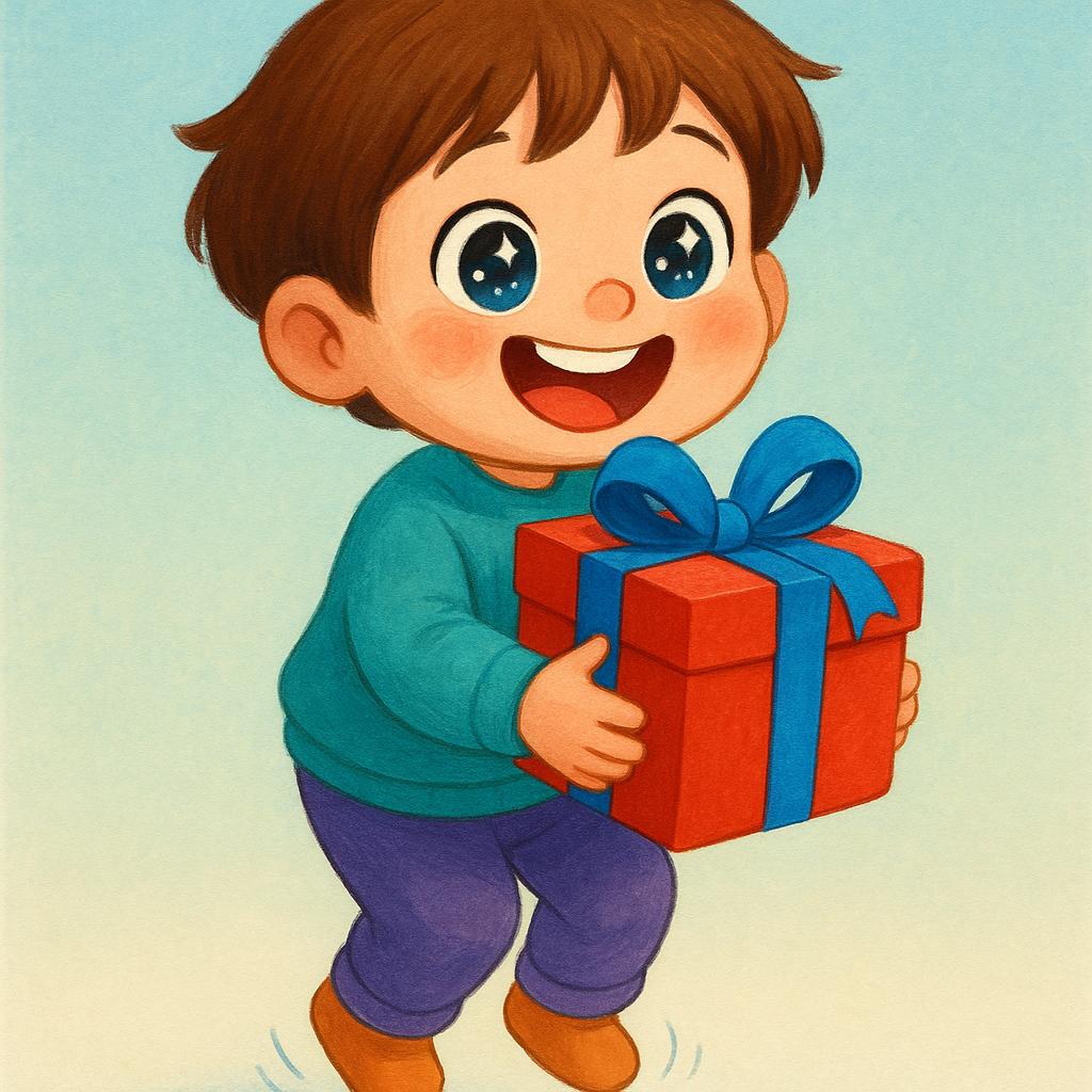 A colorful illustration of a smiling child eagerly anticipating opening a wrapped present.