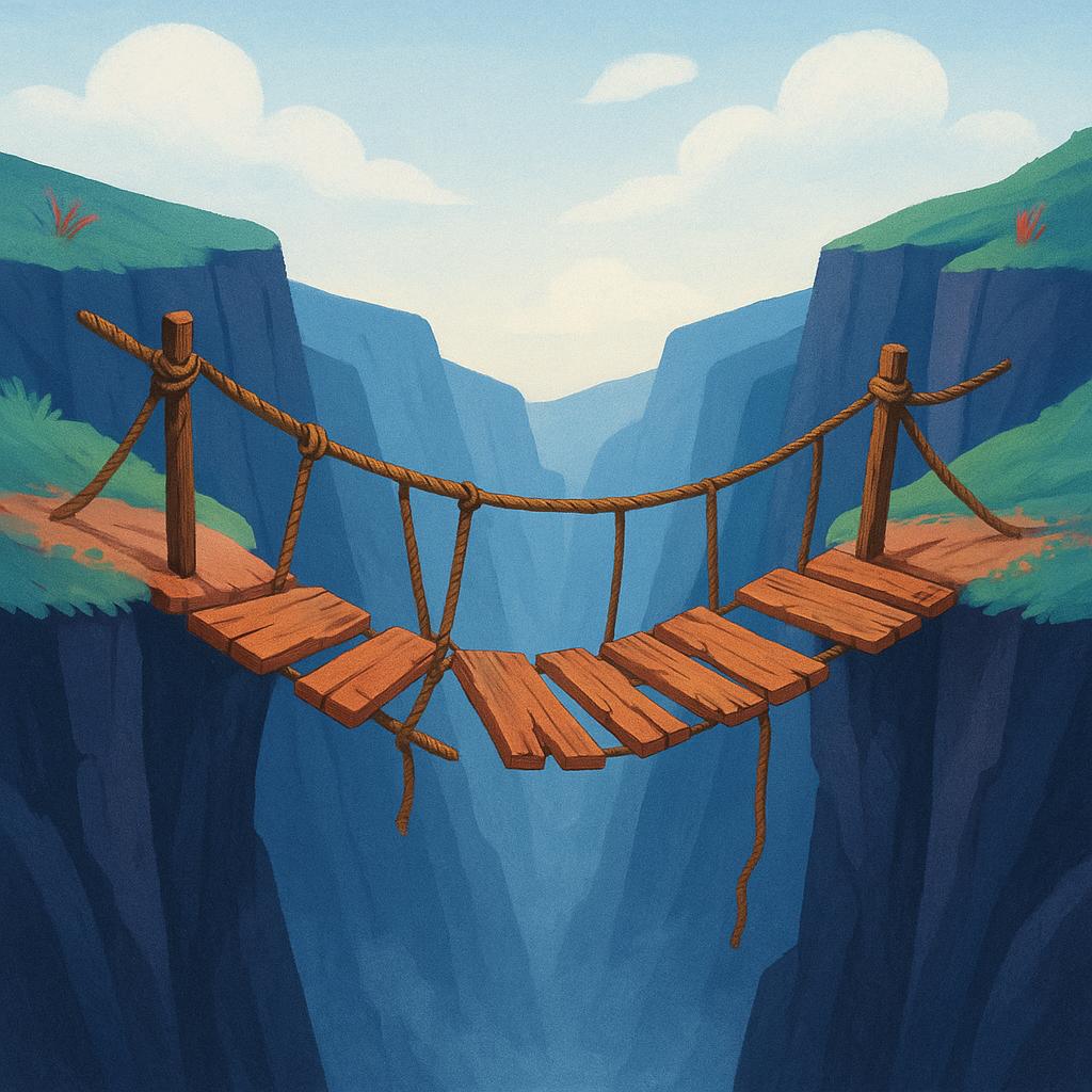 A rickety wooden rope bridge spanning a wide, deep chasm. Several planks are missing or broken, signifying a dangerous crossing.
