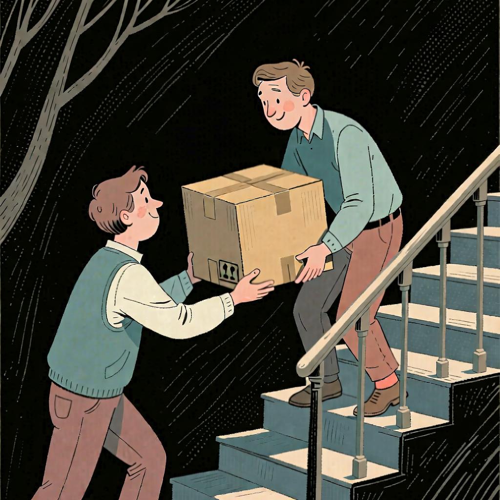A person helping another person carry a heavy box up some stairs, illustrating a kind act or favor.