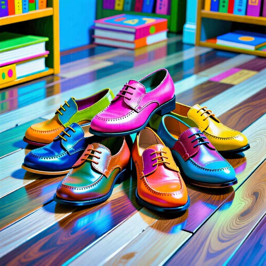 A small pile of several brightly colored, distinct leather shoes scattered neatly on a polished wooden floor.