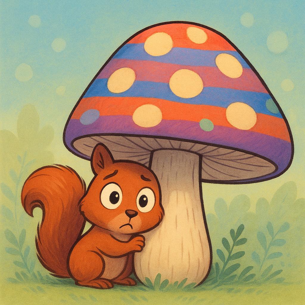A small, colorful squirrel partially hiding behind a large red and white polka-dotted mushroom, peeking out nervously with wide eyes.