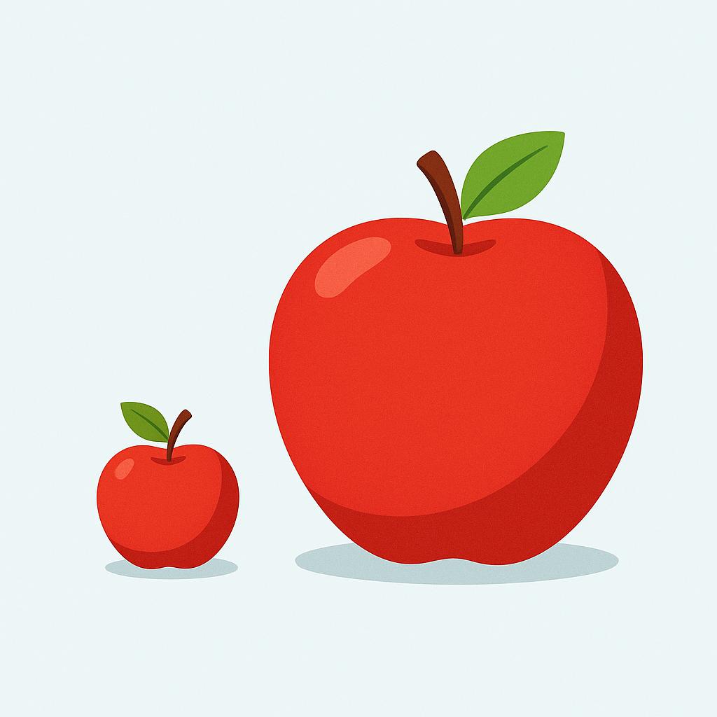 A tiny, simple red apple placed immediately next to a gigantic, exaggeratedly large version of the same red apple, illustrating amplification.