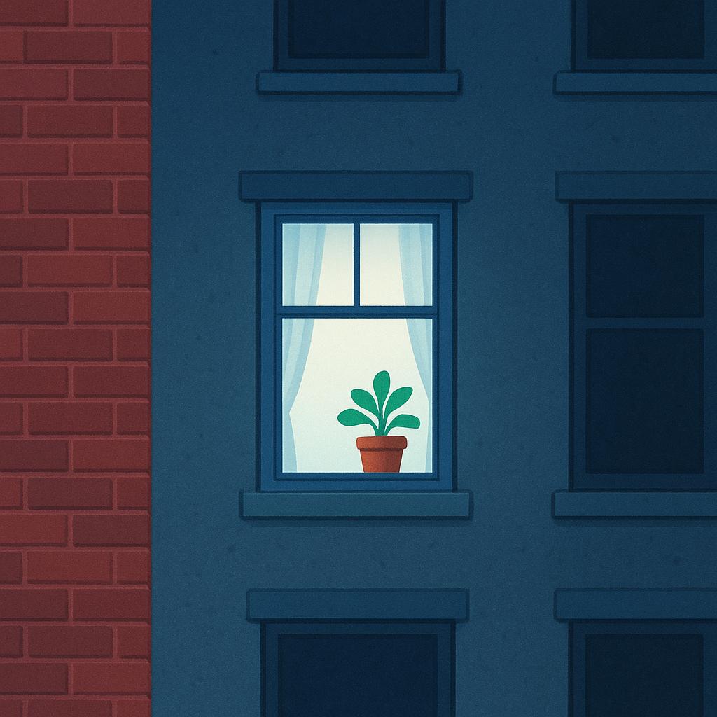 A brightly lit window on the third floor of a large, colorful apartment building, showing a small potted plant on the windowsill.