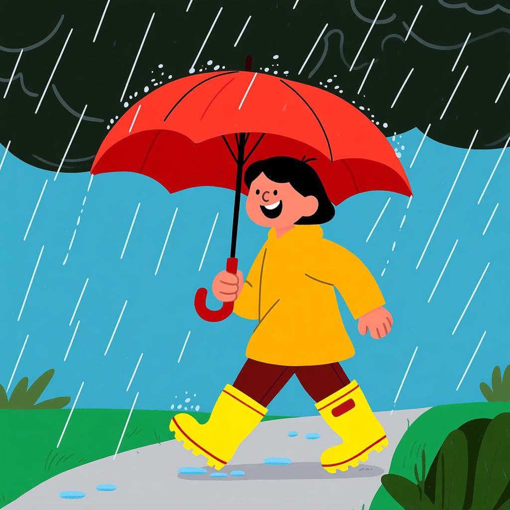 A cheerful person walking down a path under a heavy rain shower, holding a bright umbrella, demonstrating that the rain did not stop their walk.
