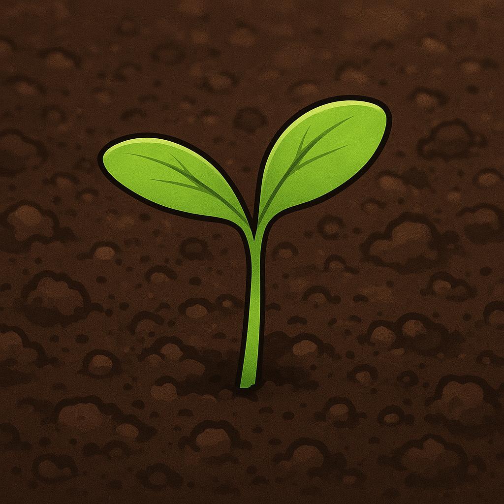 A close-up storybook illustration of a tiny green seedling pushing its way out of dark brown earth, symbolizing inevitable growth.