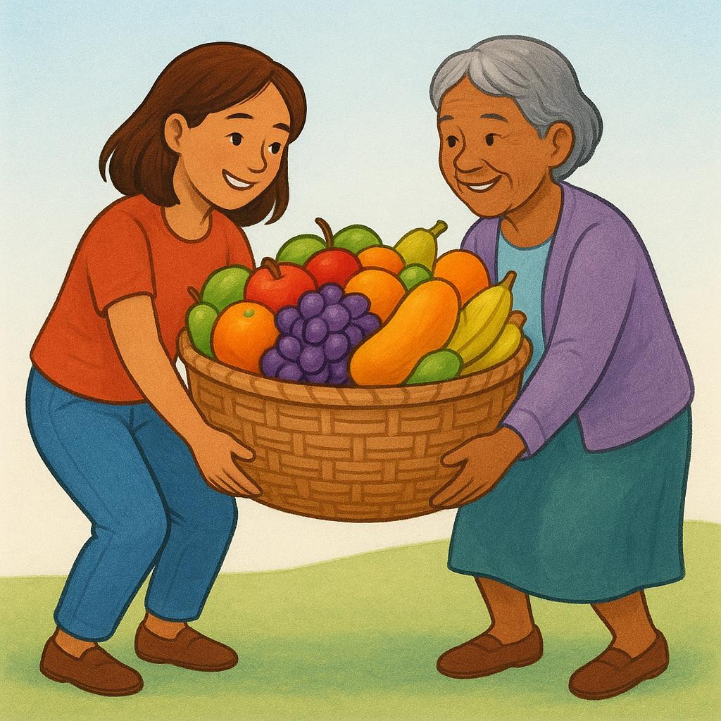 A colorful illustration showing two women collaborating to lift a heavy woven basket filled with colorful fruit, demonstrating the act of mutual assistance.