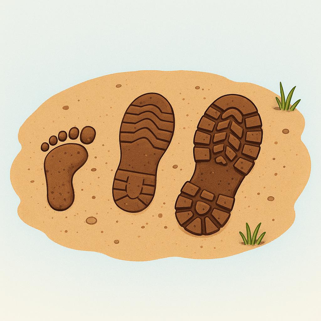 Three distinct muddy footprints visible on a patch of light brown dirt, indicating someone passed by.
