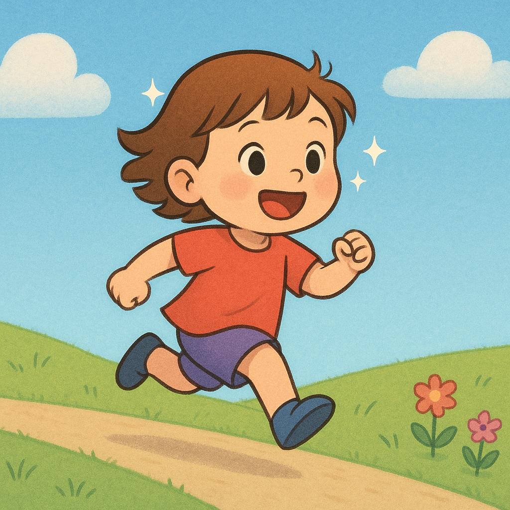 A joyful child jumping and running down a path, surrounded by small floating stars, representing excitement and positive anticipation.