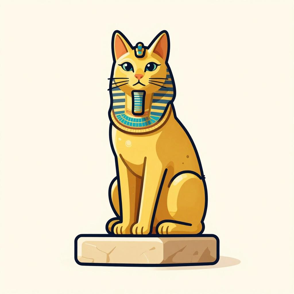 Eine goldene altägyptische Katzenskulptur auf einem Sockel.
