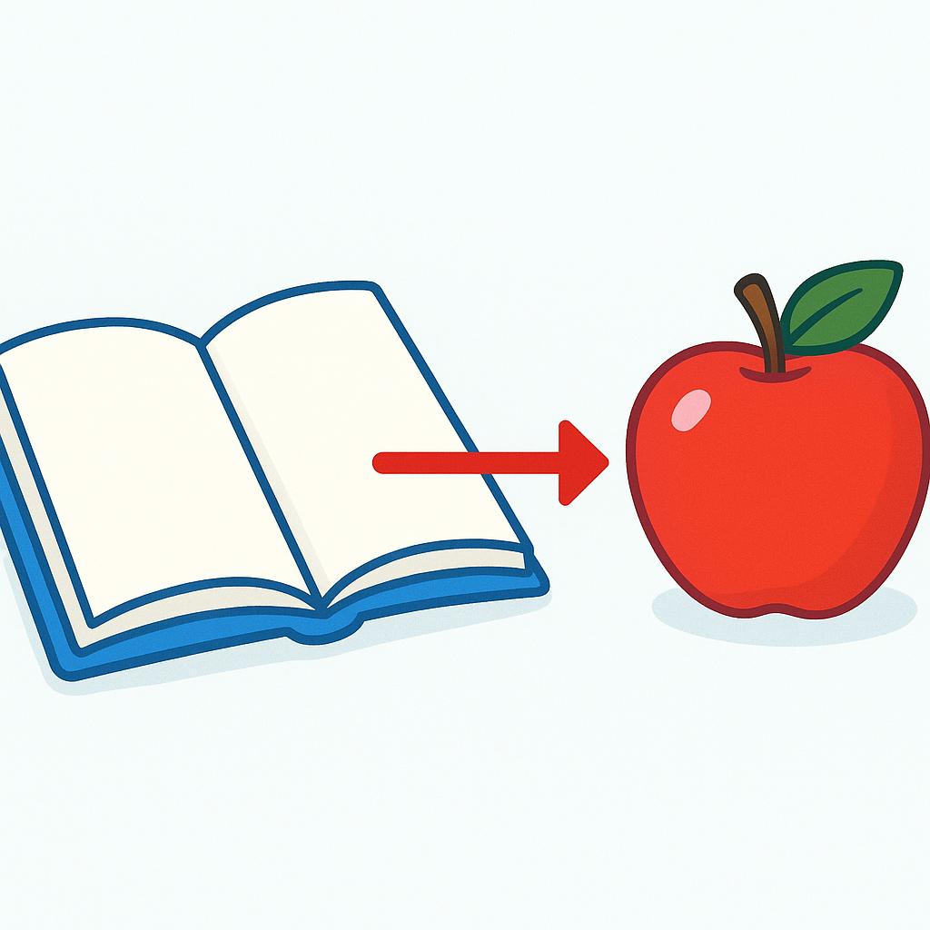 A bright red arrow connecting an open blue book to a single red apple, visualizing a reference or connection.
