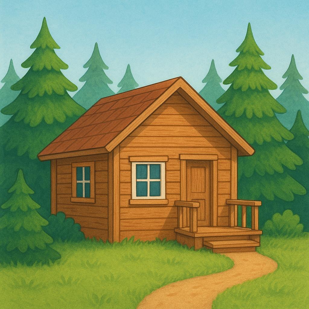 A small, rustic wooden cabin with a pitched roof, situated in a sunny forest clearing.