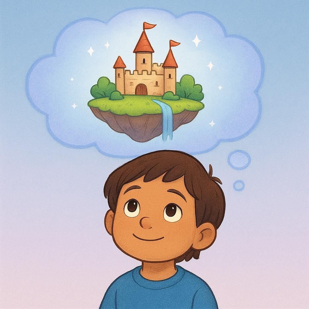 A colorful storybook illustration of a young child gazing upwards. Above the child's head, a translucent, glowing image of a fantastical floating island with a tiny castle appears, representing a thought or imagined concept.