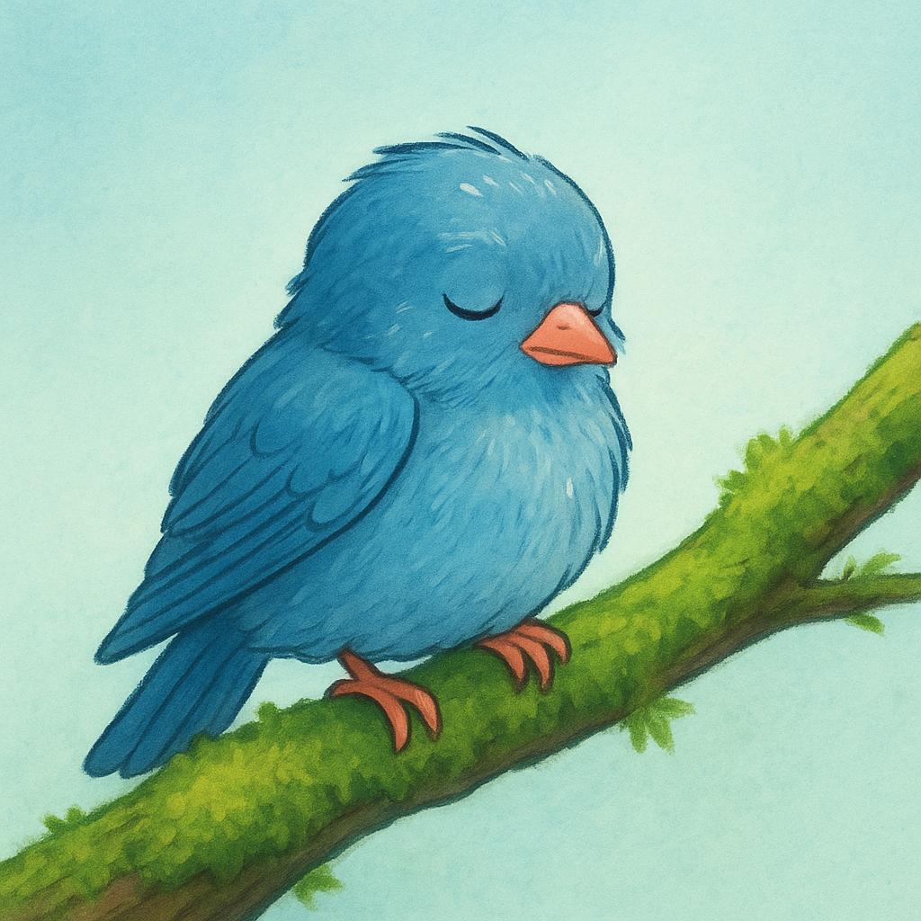 A small, elderly bluebird resting peacefully on a green mossy branch with its eyes gently closed, illustrating the process of ending life.