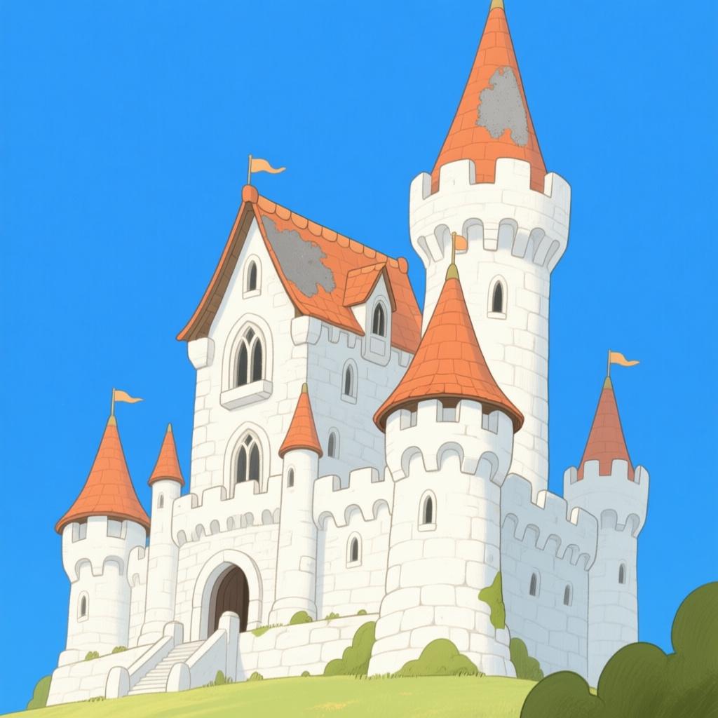 A magnificent, perfectly built storybook castle made of white stone under a bright blue sky, showing a tiny, isolated grey patch of discoloration on one turret.